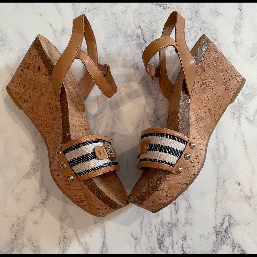 Tommy Hilfiger Nautical Stripe Cork Wedge Sandal Blue & Cream